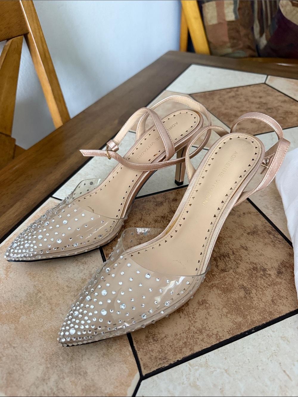 Adrienne Vittadini Nude Clear Pointed Slingback Heels with Rhinestones